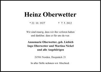 Traueranzeige von Heinz Oberwetter von Ostfriesischer Kurier