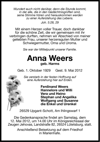 Traueranzeige von Anna Weers von Ostfriesischer Kurier