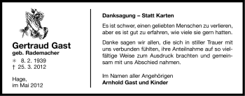 Traueranzeige von Gertraud Gast von Ostfriesischer Kurier