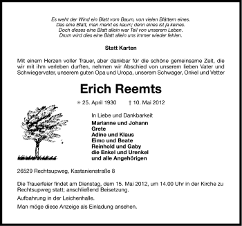 Traueranzeige von Erich Reemts von Ostfriesischer Kurier