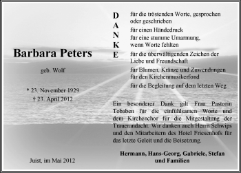 Traueranzeige von Barbara Peters von Ostfriesischer Kurier