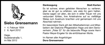 Traueranzeige von Siebo Grensemann von Ostfriesischer Kurier