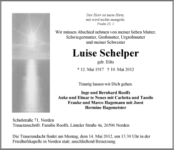 Traueranzeige von Luise Schelper von Ostfriesischer Kurier