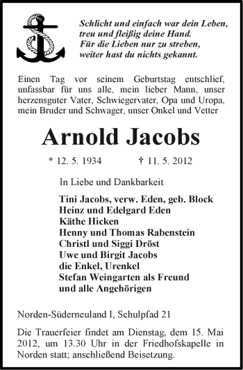 Traueranzeige von Arnold Jacobs von Ostfriesischer Kurier