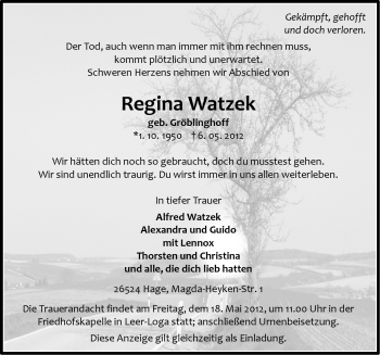 Traueranzeige von Regina Watzek von Ostfriesischer Kurier