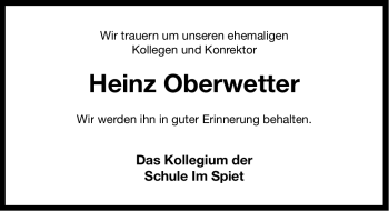 Traueranzeige von Heinz Oberwetter von Ostfriesischer Kurier