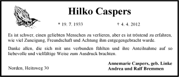 Traueranzeige von Hilko Caspers von Ostfriesischer Kurier