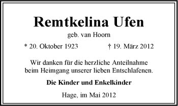 Traueranzeige von Remtkelina Ufen von Ostfriesischer Kurier