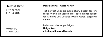 Traueranzeige von Helmut Itzen von Ostfriesischer Kurier