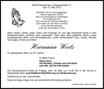 Traueranzeige von Hermann Weets von Ostfriesischer Kurier