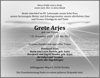 Traueranzeige von Grete Arjes von Ostfriesischer Kurier