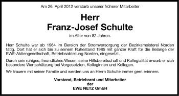Traueranzeige von Franz-Josef Schulte von Ostfriesischer Kurier
