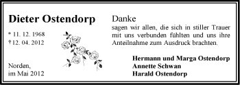 Traueranzeige von Dieter Ostendorp von Ostfriesischer Kurier