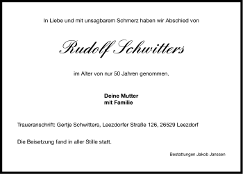 Traueranzeige von Rudolf Schwitters von Ostfriesischer Kurier