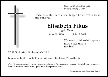 Traueranzeige von Elisabeth Fikus von Ostfriesischer Kurier