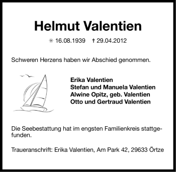 Traueranzeige von Helmut Valentien von Ostfriesischer Kurier