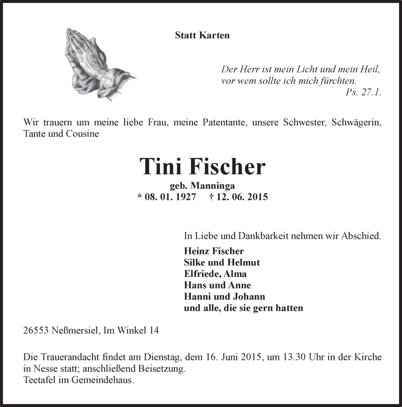  Traueranzeige für Tini Fischer vom 13.06.2015 aus 