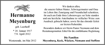 Traueranzeige von Hermanne Meyenburg von Ostfriesischer Kurier