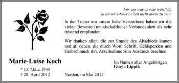 Traueranzeige von Marie-Luise Koch von Ostfriesischer Kurier
