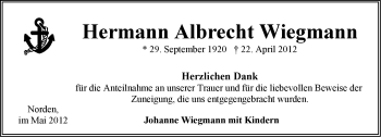 Traueranzeige von Hermann Albrecht Wiegmann von Ostfriesischer Kurier