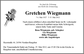 Traueranzeige von Gretchen Wiegmann von Ostfriesischer Kurier