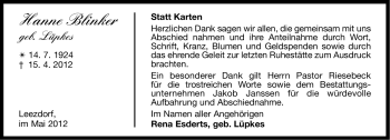 Traueranzeige von Hanne Blinker von Ostfriesischer Kurier