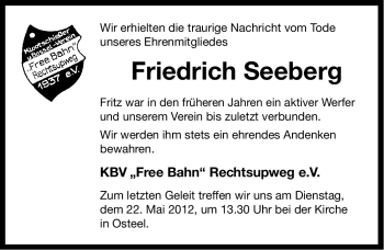 Traueranzeige von Friedrich Seeberg von Ostfriesischer Kurier