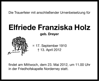 Traueranzeige von Elfriede Franziska Holz von Ostfriesischer Kurier