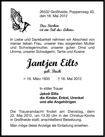 Traueranzeige von Jantjen Eilts von Ostfriesischer Kurier
