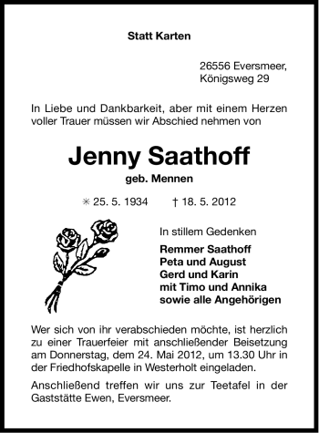 Traueranzeige von Jenny Saathoff von Ostfriesischer Kurier