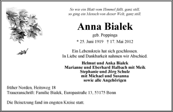 Traueranzeige von Anna Bilek von Ostfriesischer Kurier