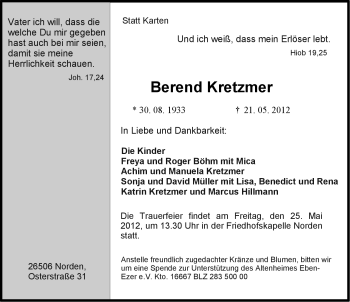 Traueranzeige von Berend Kretzmer von Ostfriesischer Kurier