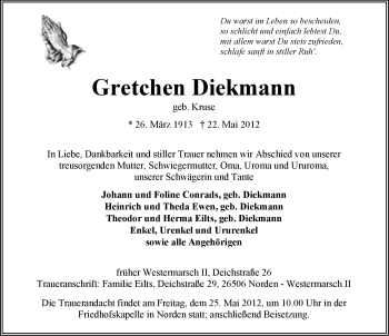 Traueranzeige von Gretchen Diekmann von Ostfriesischer Kurier