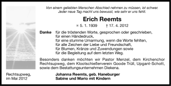 Traueranzeige von Erich Reemts von Ostfriesischer Kurier