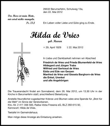 Traueranzeige von Hilda de Vries von Ostfriesischer Kurier