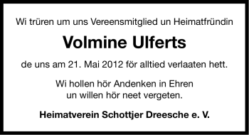 Traueranzeige von Volmine Ulferts von Ostfriesischer Kurier