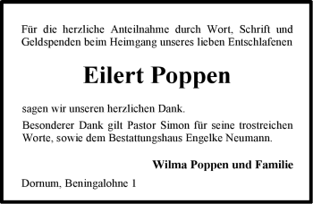Traueranzeige von Eilert Poppen von Ostfriesischer Kurier