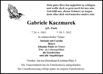 Traueranzeige von Gabriele Kaczmarek von Ostfriesischer Kurier