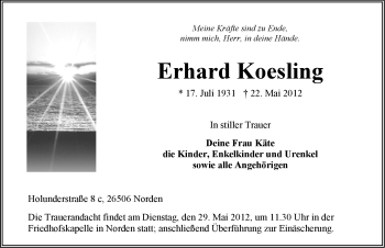 Traueranzeige von Erhard Koesling von Ostfriesischer Kurier