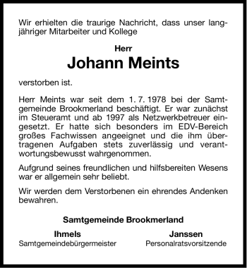 Traueranzeige von Johann Meints von Ostfriesischer Kurier