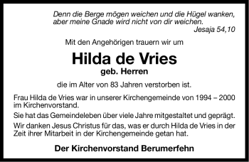Traueranzeige von Hilda de Vries von Ostfriesischer Kurier
