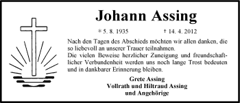 Traueranzeige von Johann Assing von Ostfriesischer Kurier
