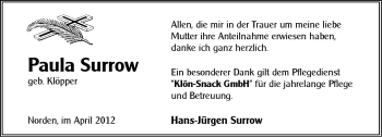 Traueranzeige von Paula Surrow von Ostfriesischer Kurier