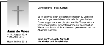 Traueranzeige von Jann de Vries von Ostfriesischer Kurier