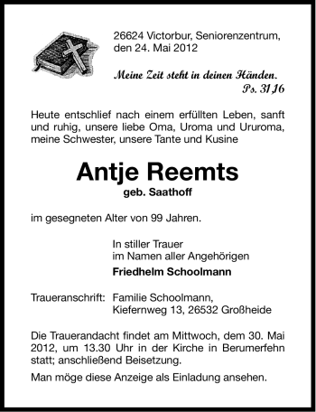 Traueranzeige von Antje Reemts von Ostfriesischer Kurier