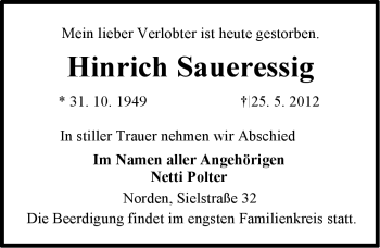 Traueranzeige von Hinrich Saueressig von Ostfriesischer Kurier