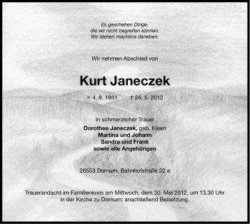 Traueranzeige von Kurt Janeczek von Ostfriesischer Kurier