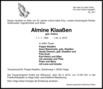 Traueranzeige von Almine Klaaßen von Ostfriesischer Kurier