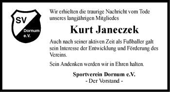 Traueranzeige von Kurt Janeczek von Ostfriesischer Kurier