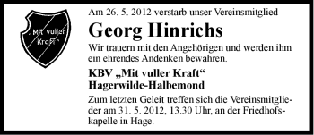 Traueranzeige von Georg Hinrichs von Ostfriesischer Kurier
